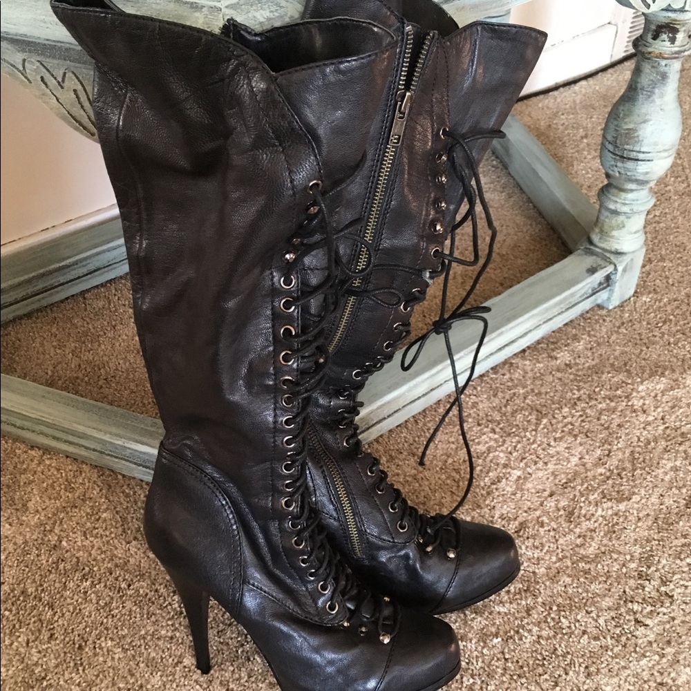 Black leather lace up boots. Size 8